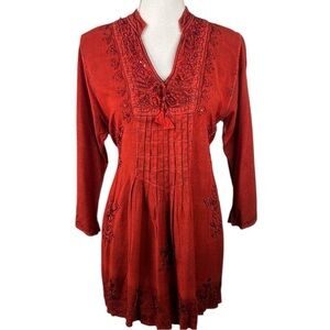 Boho Red Festival Sequin Floral Embroidered Flowy Back Tie Tunic Dress Size M